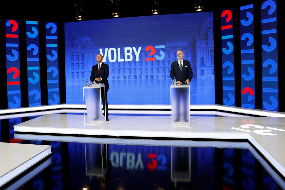 Leader of Spolu coalition Fiala and leader of ANO party Babis attend a televised debate