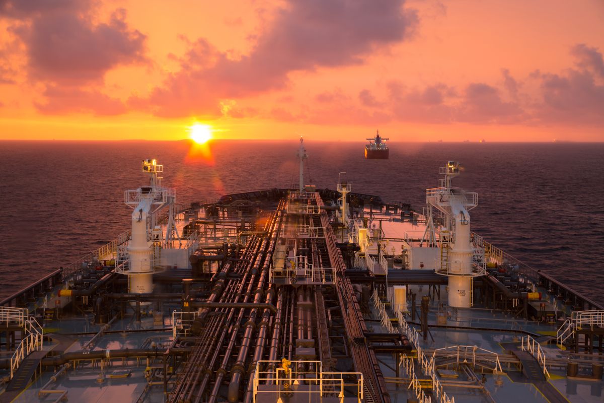 Oil,Product,Tanker,During,Beautiful,Sunset,At,Anchor.