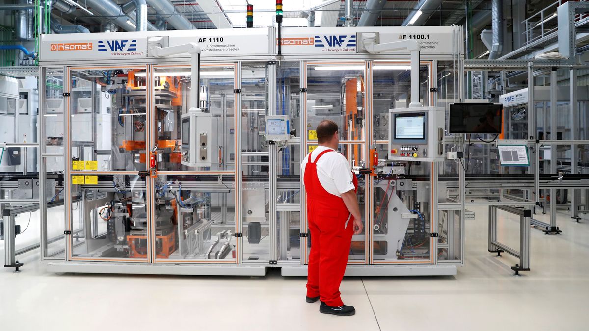 A worker checks the screen at the Audi Factory in Gyor