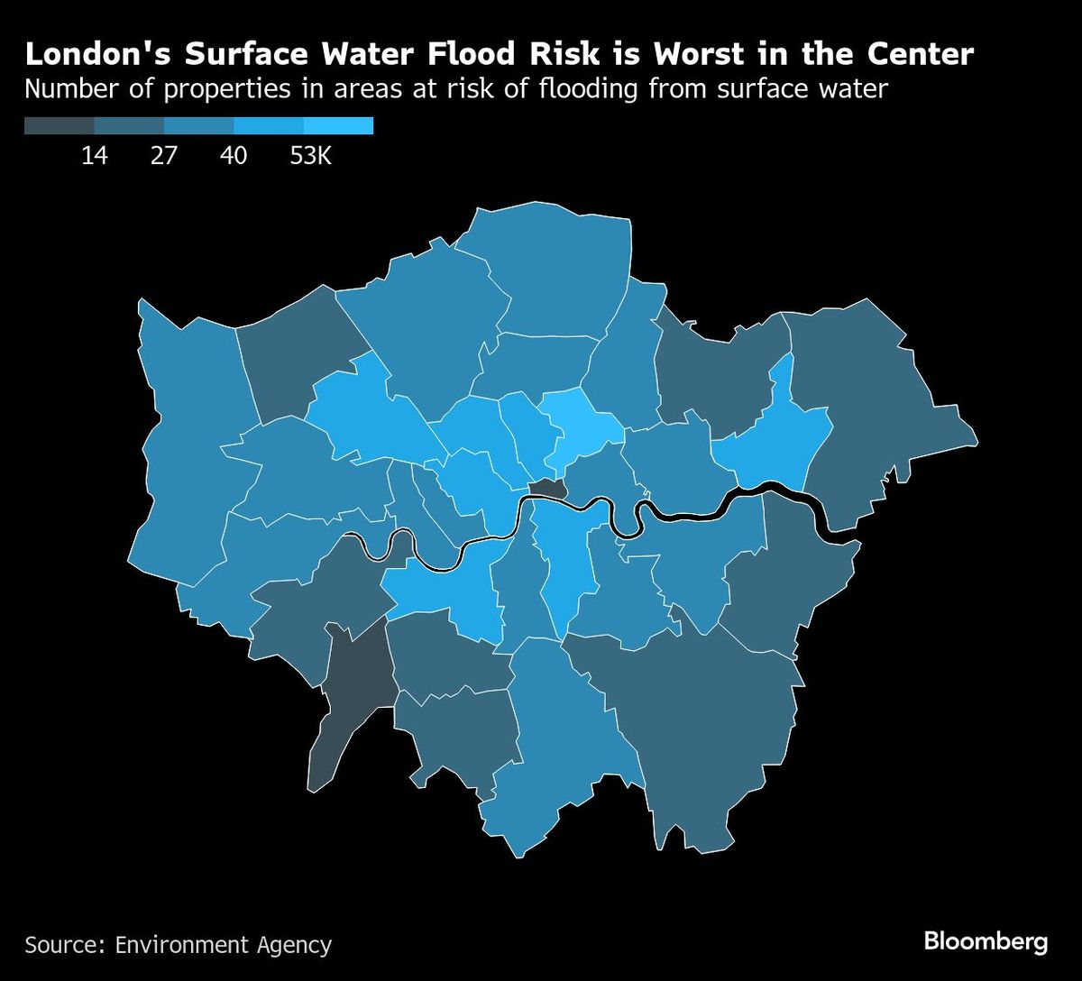 London's Surface Water Flood Risk is Worst in the Center | Number of properties in areas at risk of flooding from surface water