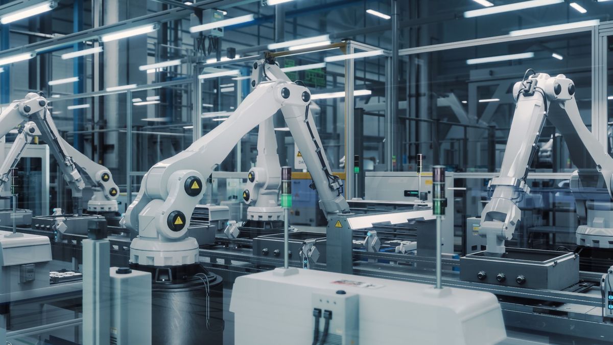 Tech,Factory,With,White,Robotic,Arms,Assembling,Electronic,Components,On, ipari AI