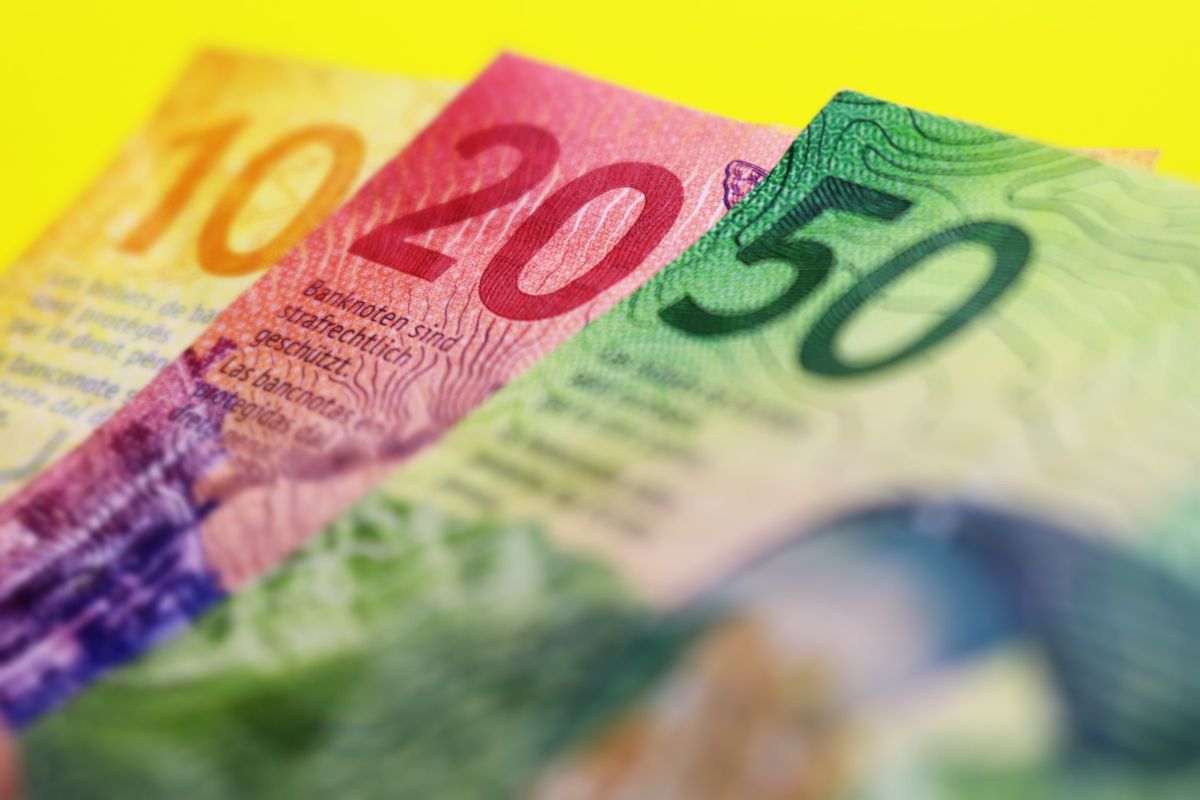 Swiss,Money,,A,Business,Background.,Swiss,Banknotes,On,Yellow,Background.