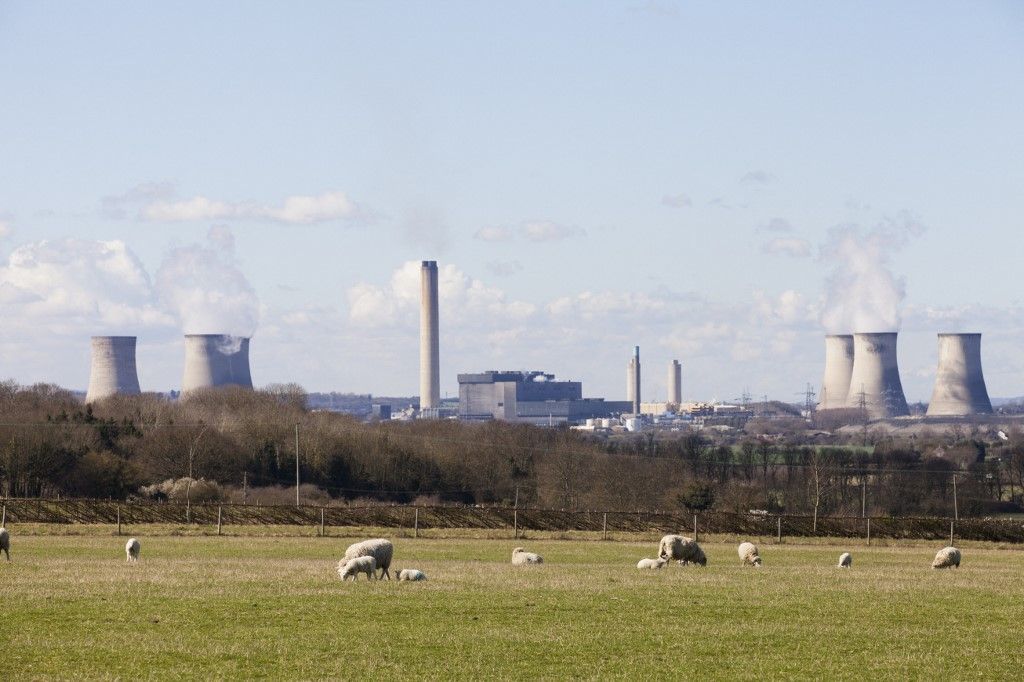 Herd of sheep on a meadow. Didcot coal fired power station in the background.