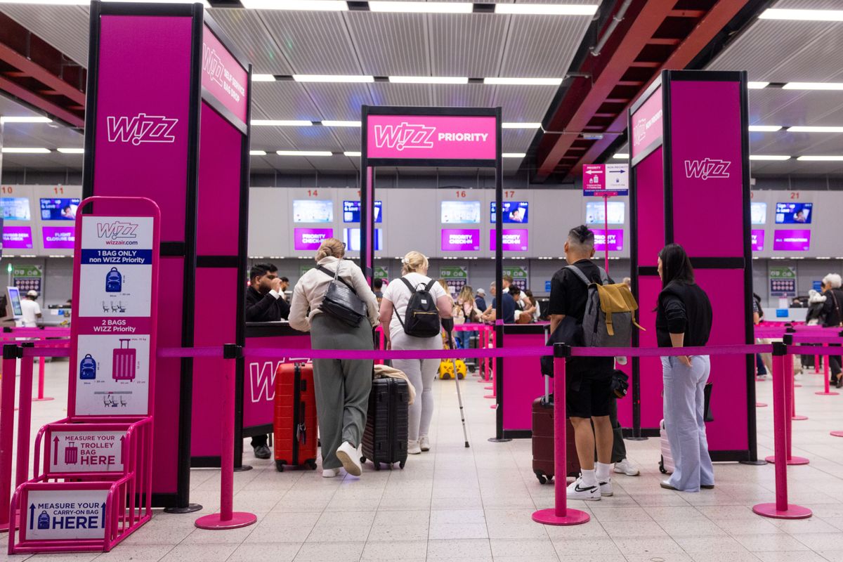 A Wizz Air check in area at London Luton Airport.