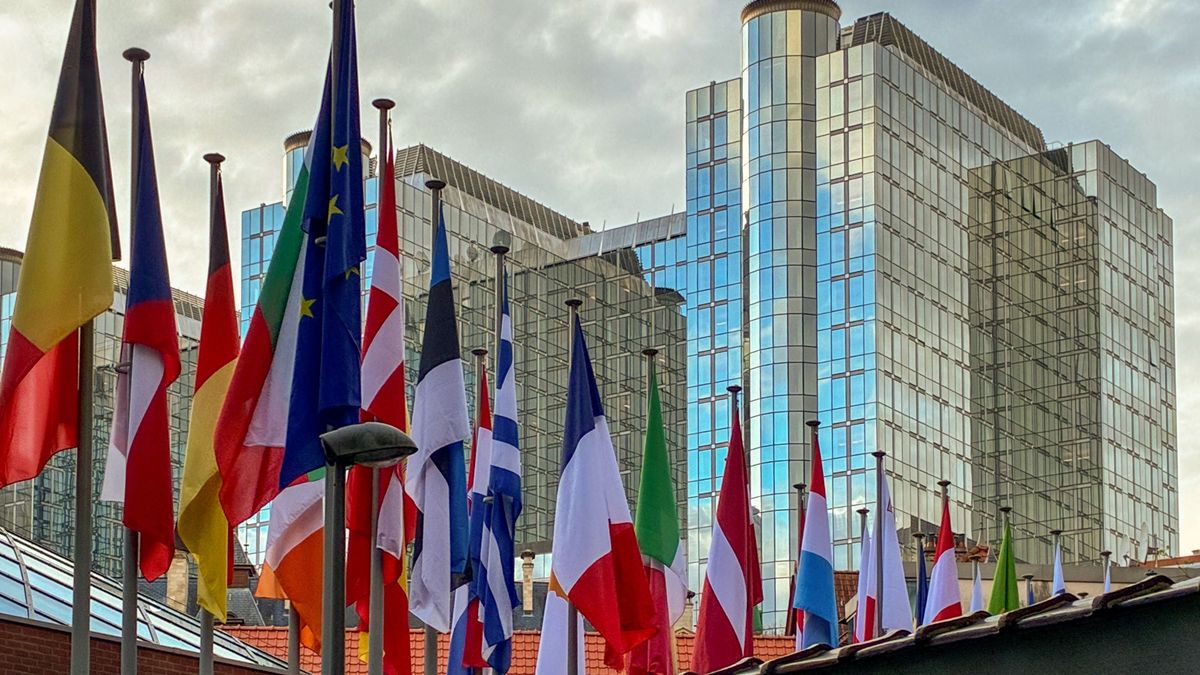 European Union Flags And Pa kanada rliament Building In Brussels