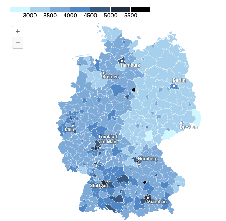 Havi bruttó fizetés euróban a német járásokban. 
