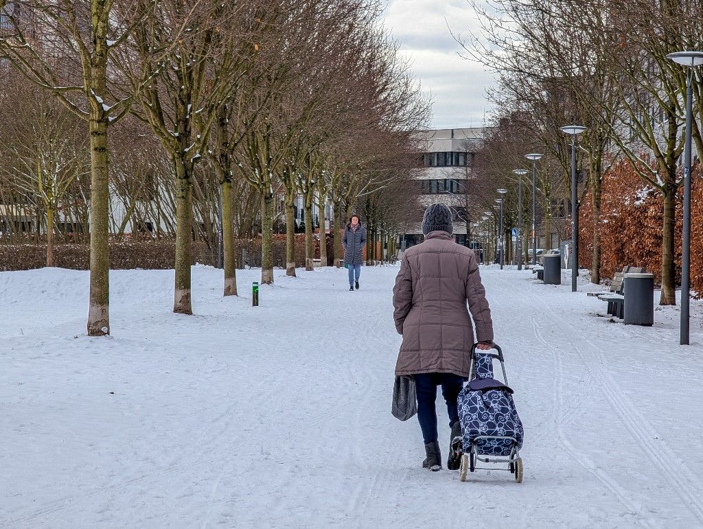 Cyclist And Pedestrians Navigating A Snowy Residential Area