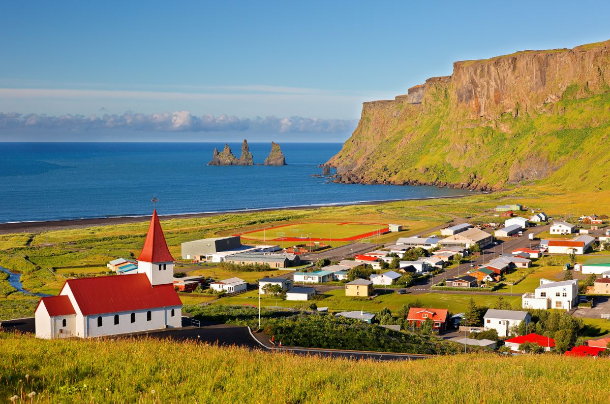 Beautiful,Red,Church,On,A,Mountain,Top,At,Vik,,Iceland.