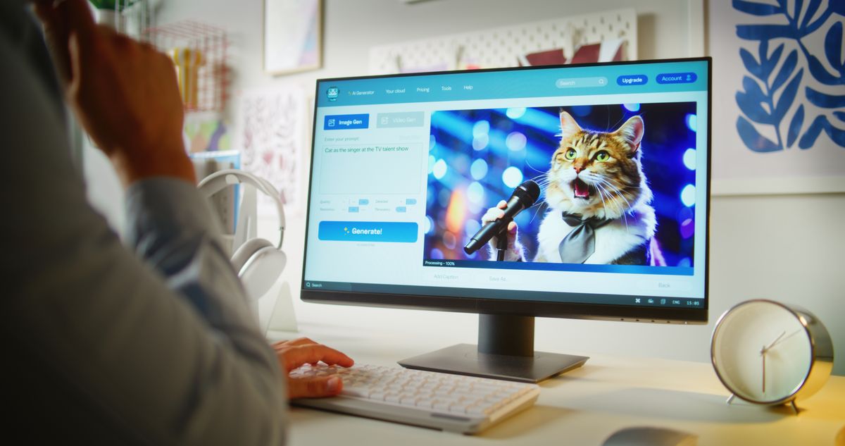 Man,Types,Prompt,In,Ai,Image,Generator,On,Computer.,Pc mesterséges intelligencia kép videó MI deepfake