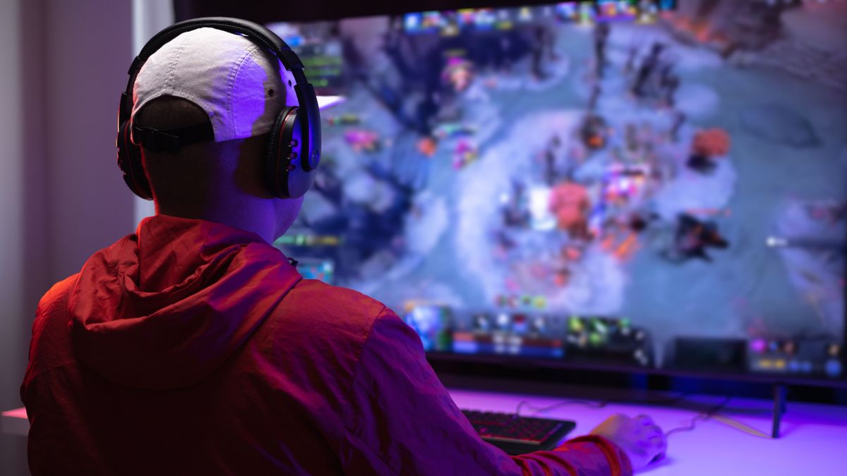 Rear,View,Young,Player,Video,Computer,Pc.,Young,Man,Sitting