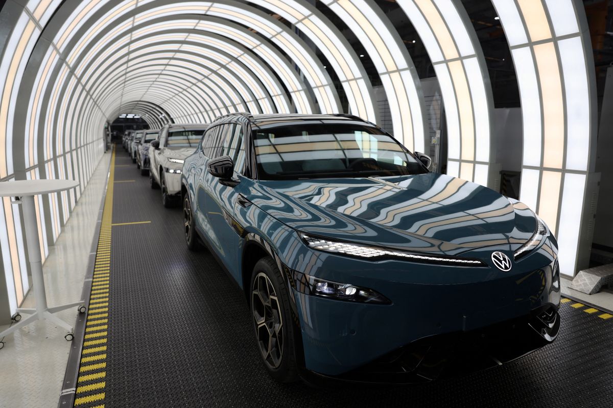 Electric vehicle production line at Volkswagen factory in Hefei