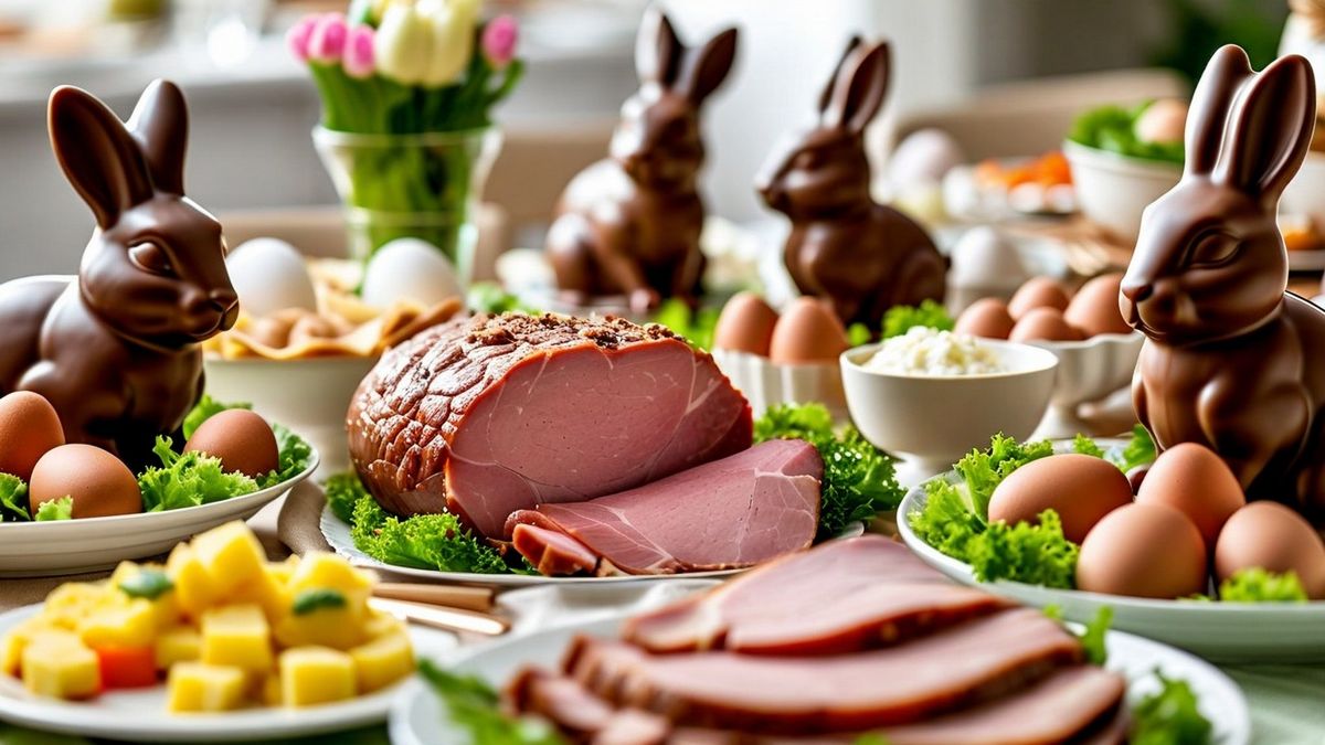 A,Table,Full,Of,Easter,Meals,,Easter,Ham,Boiled,Eggs,