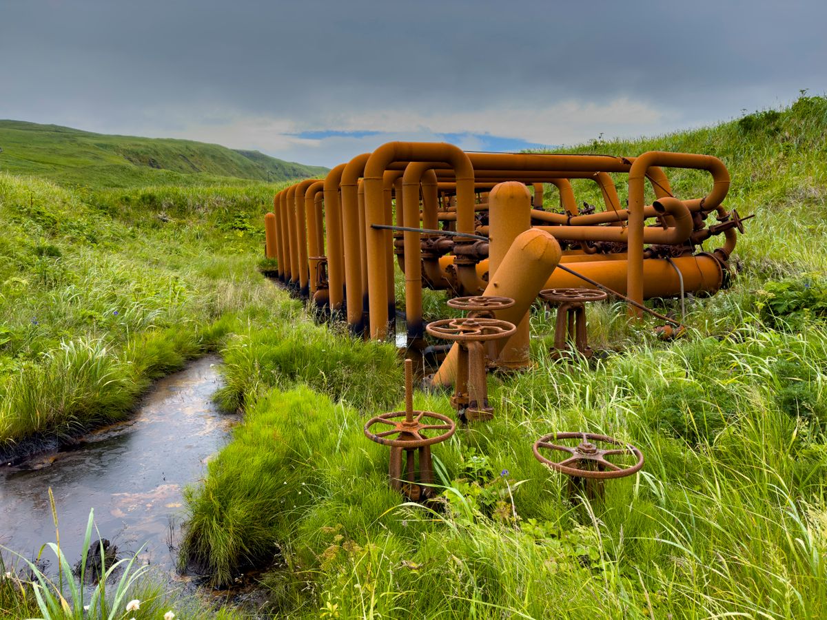 Fuel depot remains from World War II at Sand Bay Naval Station on Great Sitkin Island in the Andreanof Islands, Alaska