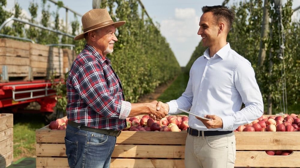 alma,Successful,Transaction,Between,Senior,Farmer,And,Sales,Representative,On,Apple mezőgazdaság generációváltás, gazdaságátadás