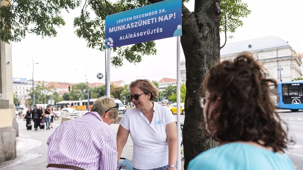 munkaszüneti napaláírásdecember 24, Aláírásgyűjtés egy forgalmas budapesti helyszínen december 24. munkaszüneti nappá nyilvánítása kapcsán 2026. július 15-én