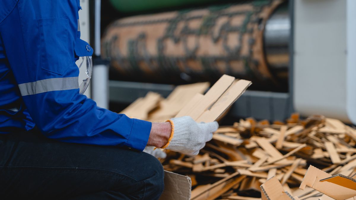 Caucasian,And,Black,Industrial,Workers,Crouching,Near,Pile,Of,Cardboard