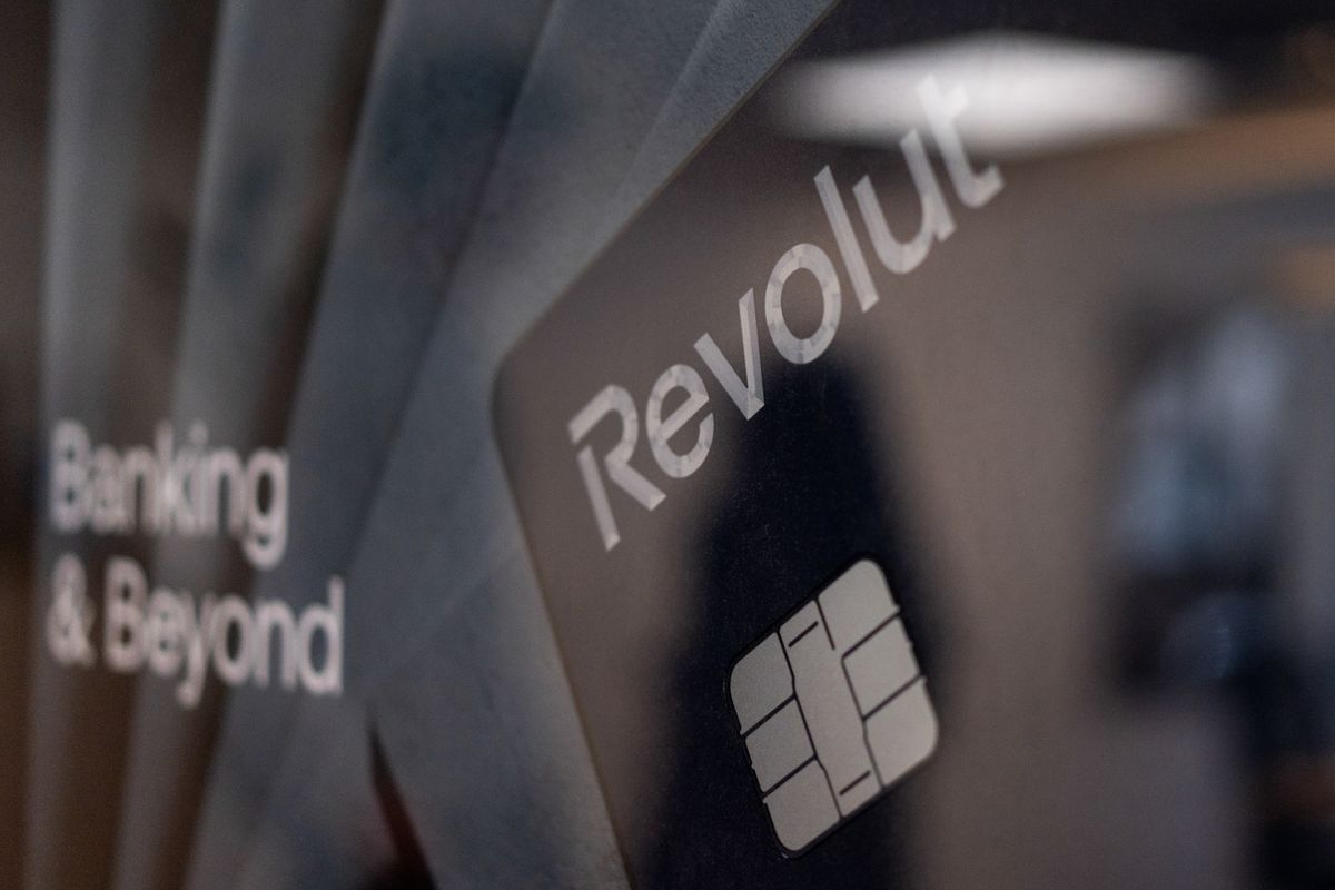 Company branding at the offices of Revolut Ltd. near La Bourse in Paris.