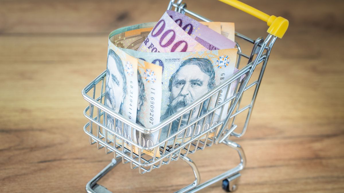 betéti kamat, forint, bevásárlás, bankjegy, kosár