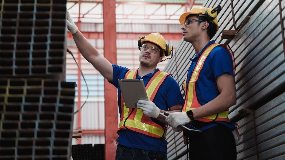 szakemberek,Professional,Caucasian,Engineers,Checking,Steel,Inventory,In,Factory,Warehouse,Environment,